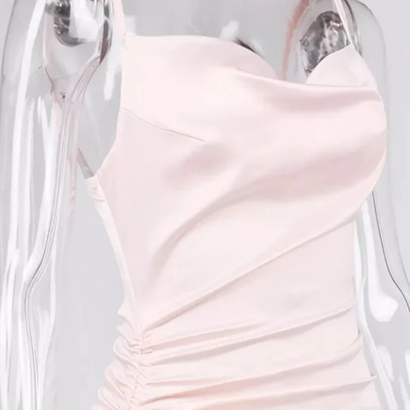 Draped Neck Spaghetti Strap Asymmetrical Satin Slip Dress - Picture 8 of 10